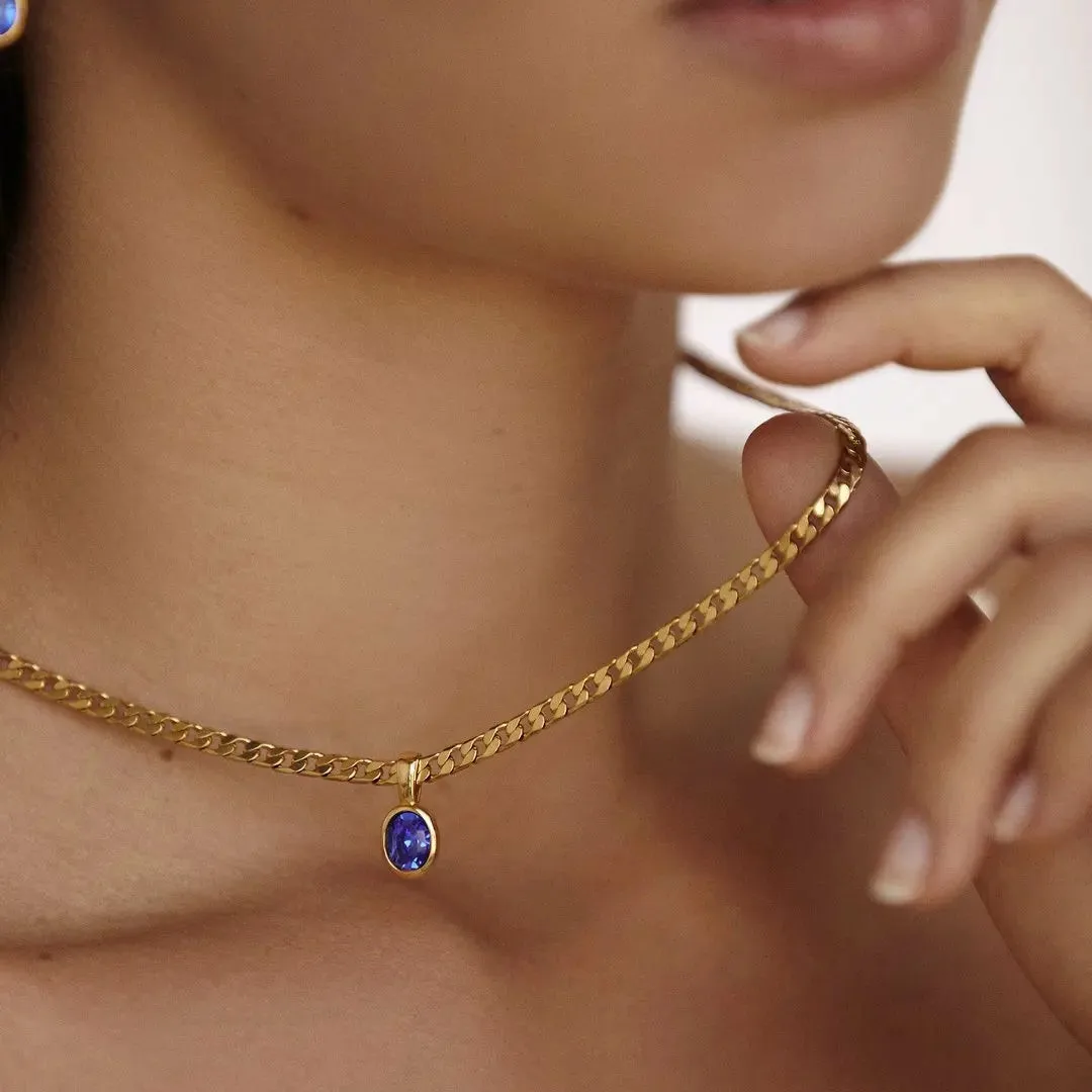 Dainty Stainless Steel Oval Multi-color Natural Stone Pendant Necklace for Women 18k Gold Plated Cuban Chain Necklaces Jewelry