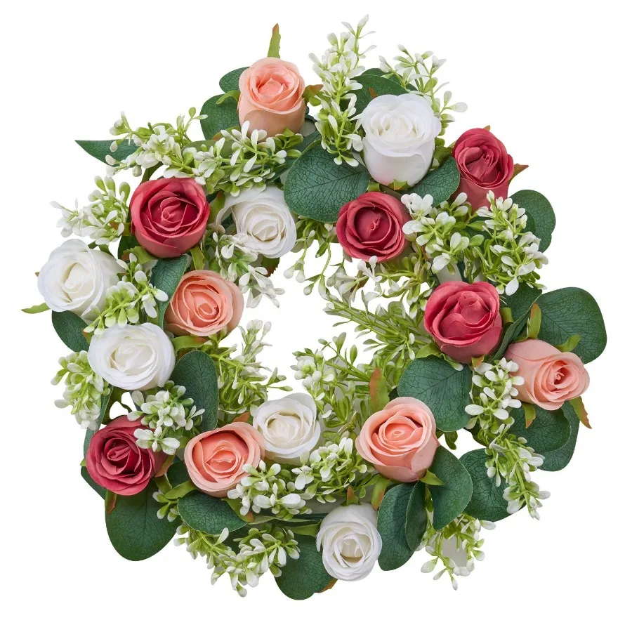 

Artificial Rose Wreath for Valentine's, Mother's Day, Party, Wedding and Home Table Decor 14-Inch Faux Flower Wreath in Pink an
