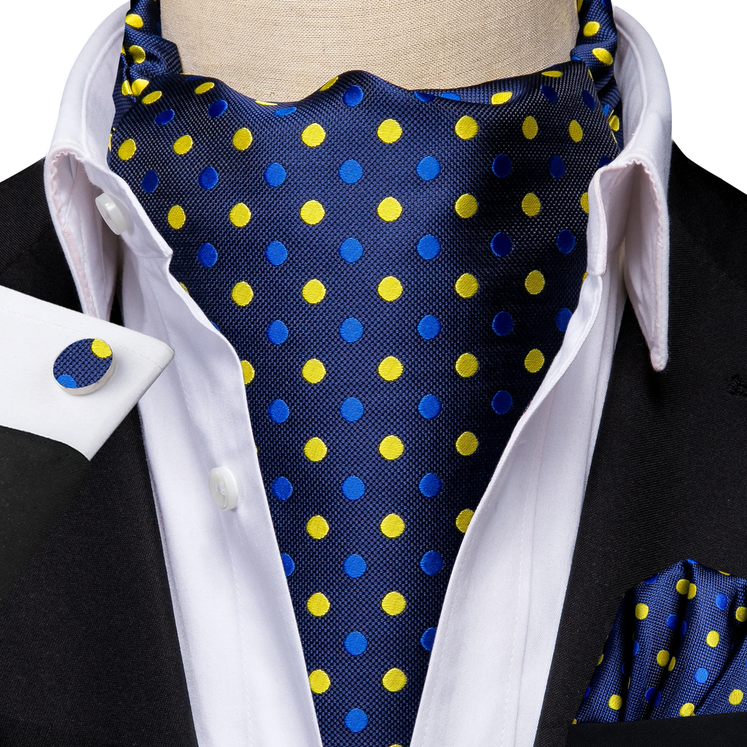 Hi-Tie Silk Blue Yellow Dots Mens Ascot Tie Hanky Cufflinks Set Jacquard Woven Self Cravat for Male Groomsmen Wedding Business