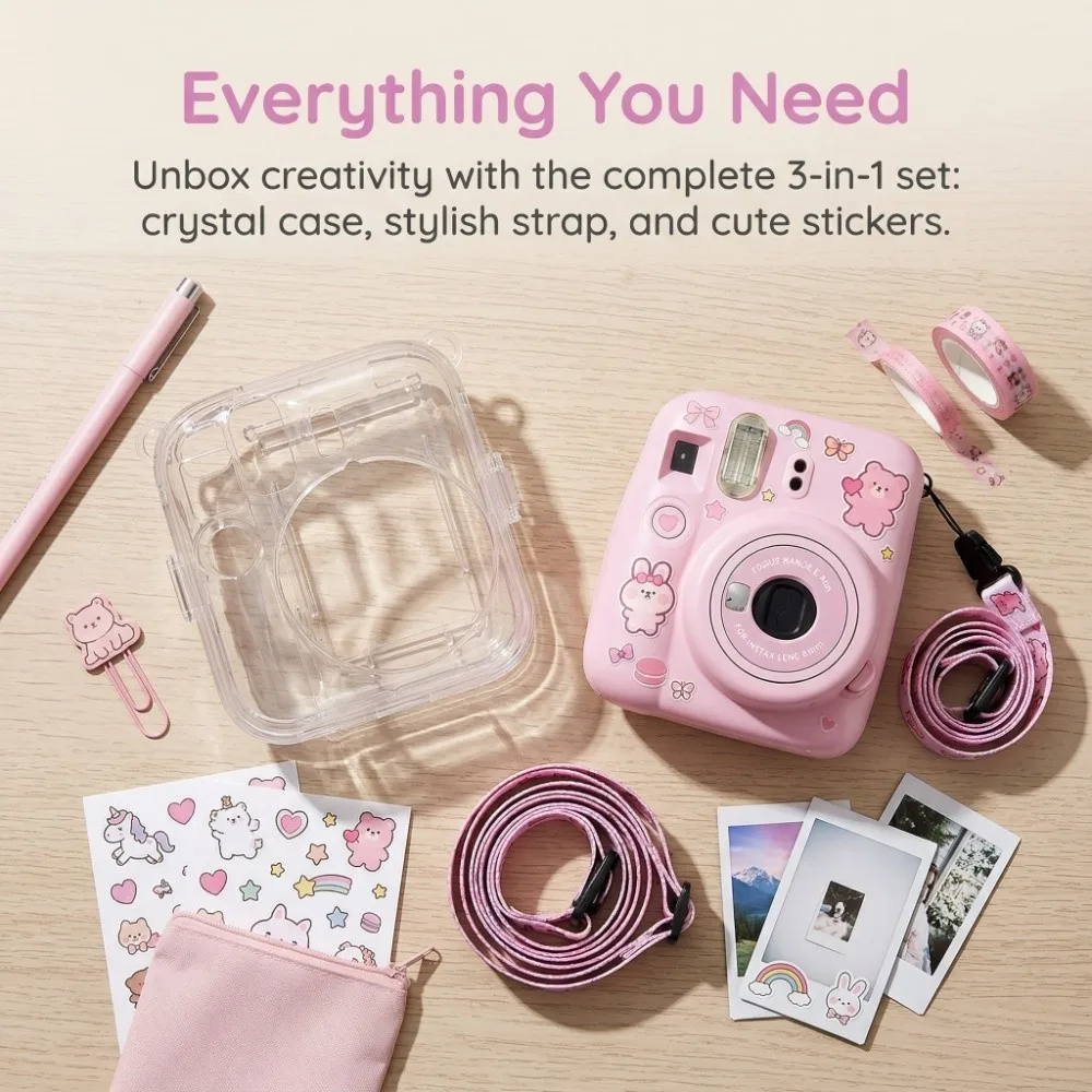 3 in 1 Instant Camera Case Adjustable Strap Anti Scratch Protective Cover Crystal Wear Resistant for Fujifilm Instax Mini 13
