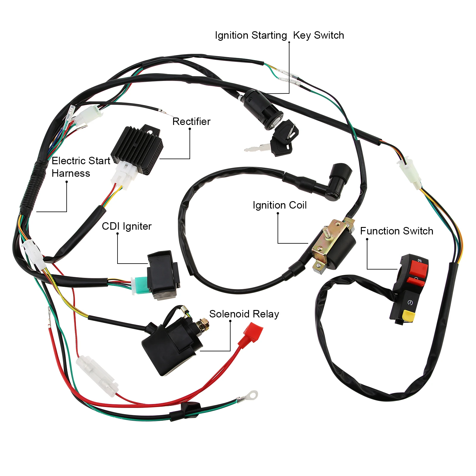 Electric Start Cablagem do Motor, CDI Retificador de Relé, Coi Chave Switch, Kits do Sistema de Ignição, 50cc, 70cc, 110cc, 125cc, 1 Conjunto