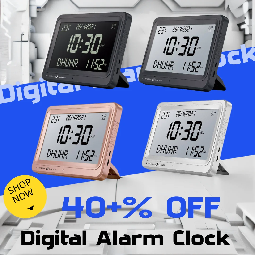 Digital Alarm Clock Sounds Multi-languages Gregorian Calendars Larger LCD Screen Desk Azan Calendar Muslim Prayer Table Bedroom