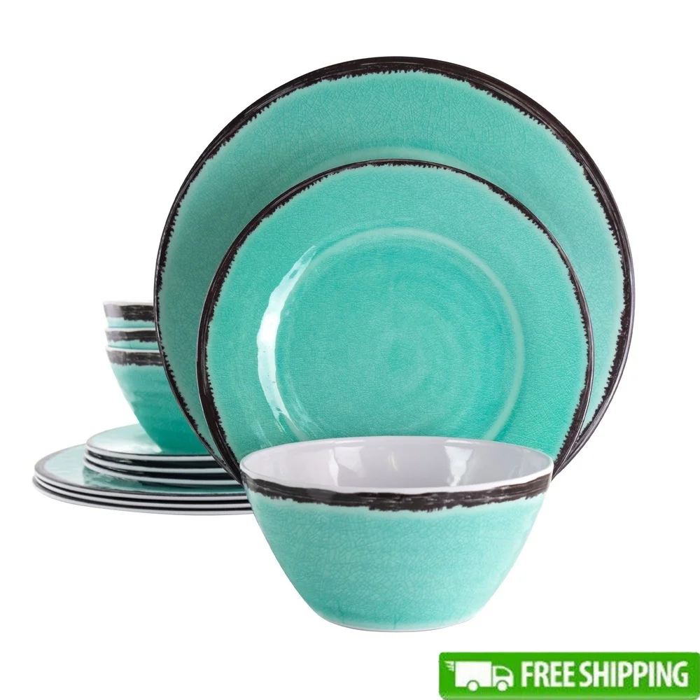 Juego de vajilla ligera de melamina, platos turquesa resistentes a roturas, 12 piezas, cuencos, aptos para lavavajillas, fiestas ideales, barbacoas