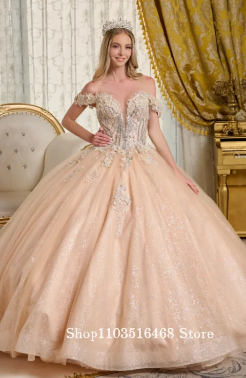 

Нежное платье Quinceanera в стиле принцессы Vestidos de 15, блестящая тюлевая юбка с цветочной вышивкой по индивидуальному заказу