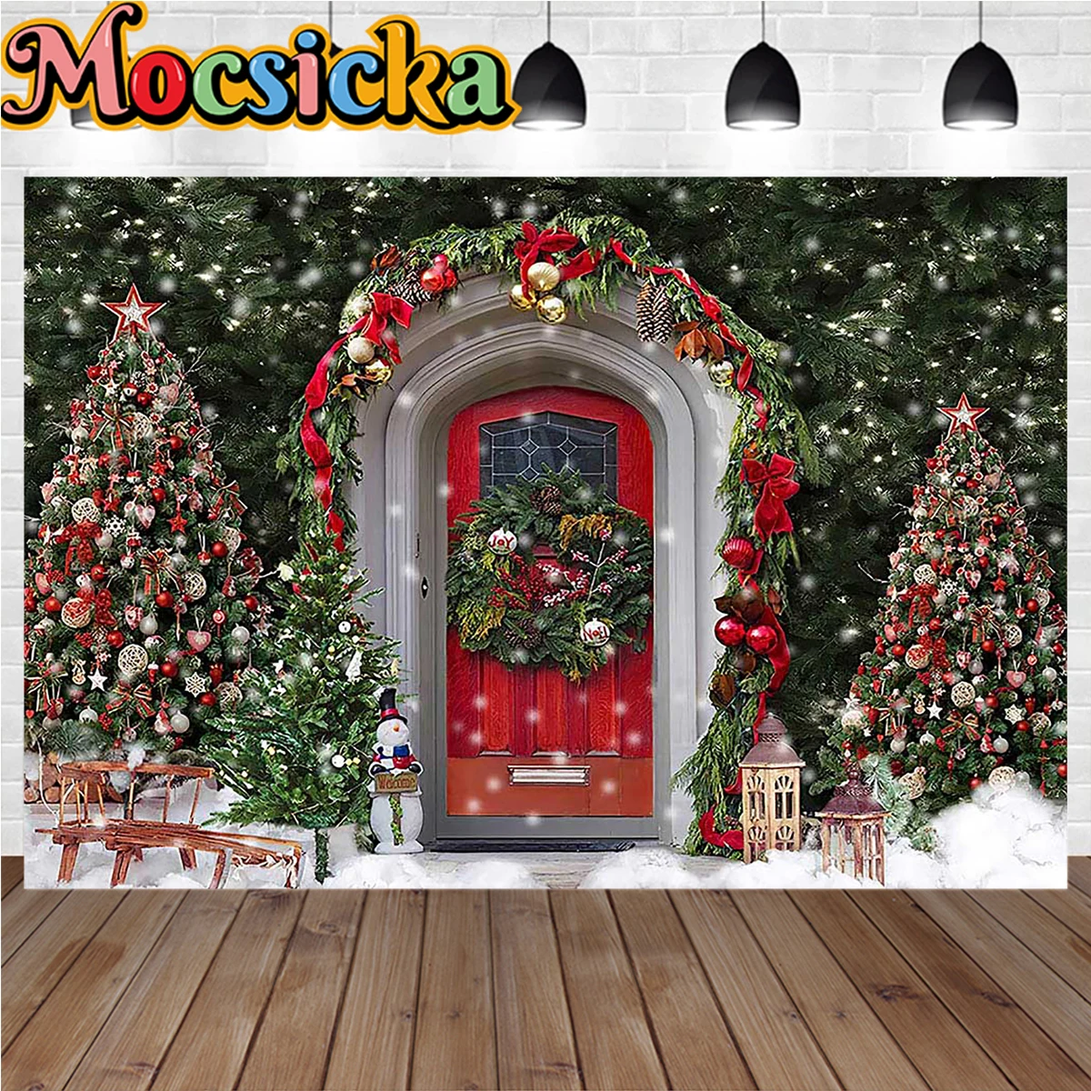 

Winter Snowflake Decor Christmas Studio Background Props Xmas Ball Gift Tree Backdrop Red Wooden Door Kids Portrait Photo Booth