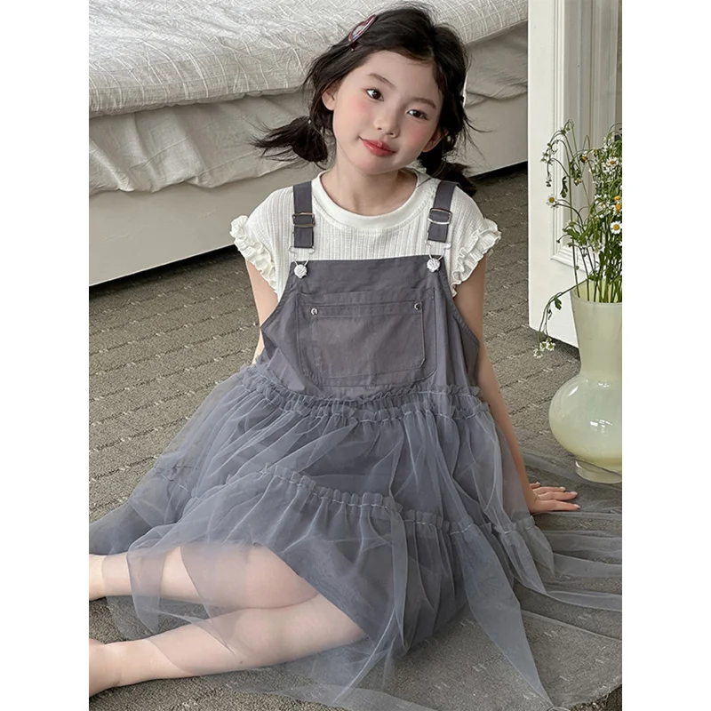 

Girls' summer suspender dress set2026New stylish Korean-style casual mesh princess dress for girls