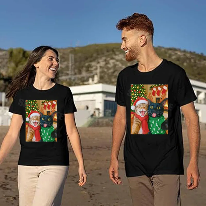 مضحك ميمي القط التقاط صورة شخصية عيد الميلاد عيد الميلاد أضواء عطلة تي شيرت Y2k عيد ميلاد سعيد القط أمي أبي الأزواج الجرافيك تيز الزي