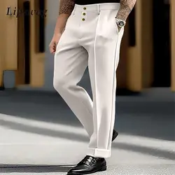 Vintage Buttoned Pleated Straight Trousers Mens Autumn Fashion Solid Color Loose Pants For Men Streetwear Clothing Casual Pants