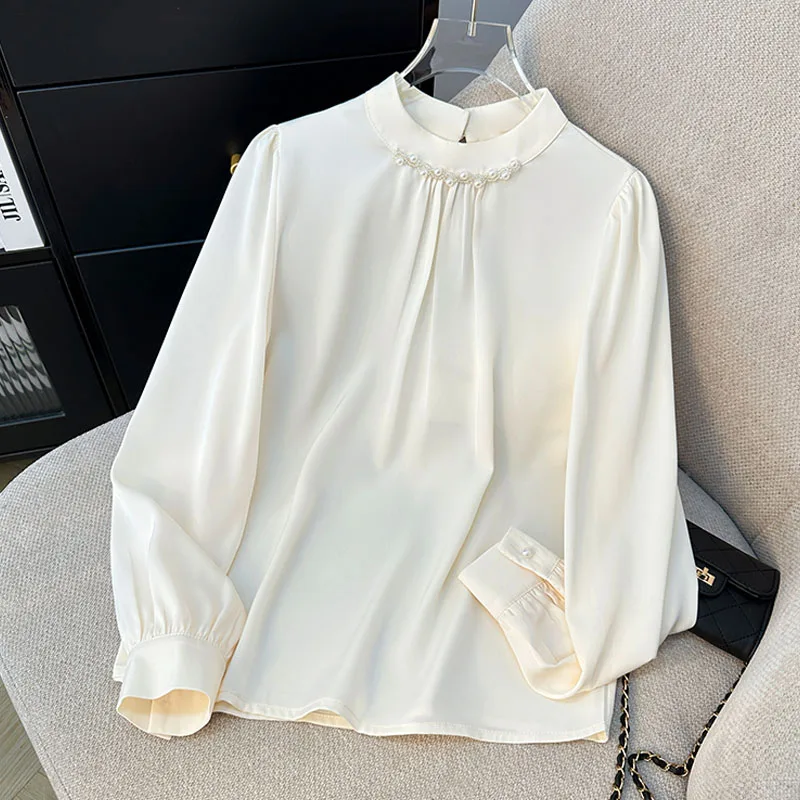 

Women Blouse Shirt New Long Sleeve Stand Collar Elegant Beading Blouse Shirt Women Tops Blouses Shirts Blusas Camisas 2025 Q516