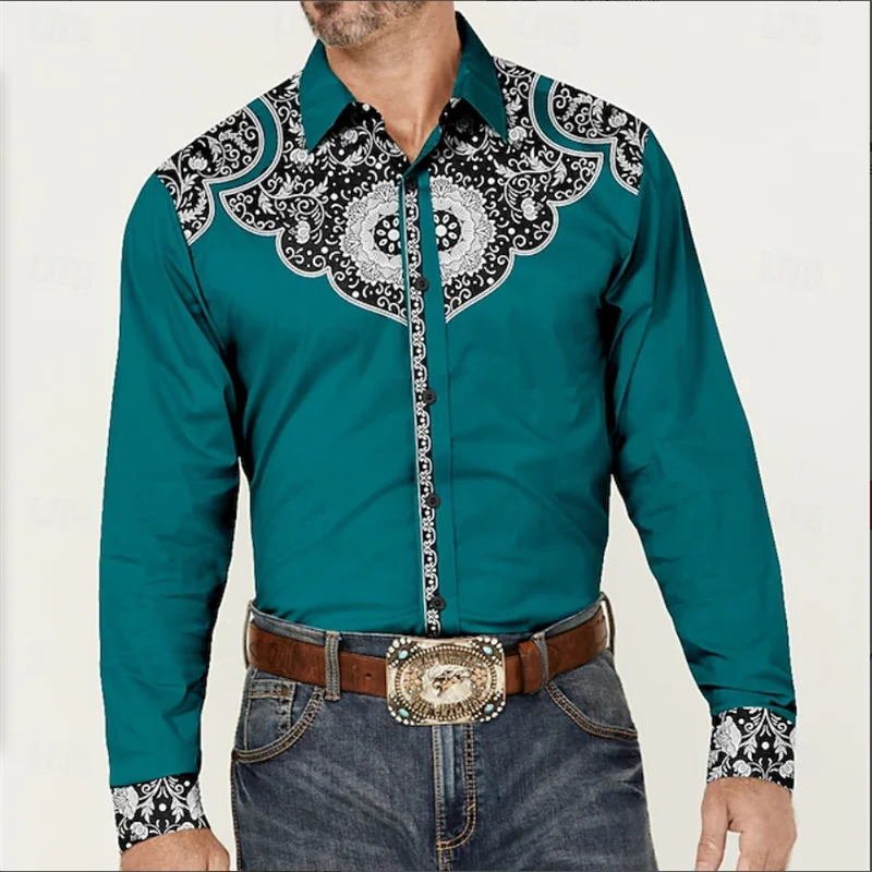 

Men's Long Sleeve Shirt Fashion Vintage Grid Casual Flower Cowboy 3D Tribal Print Flap Collar Men's Fashion