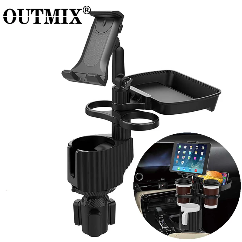 4-in-1 Car Drink Holder 360 Rotate with Phone Tablet Holder Car Organizer 3 Cup Holders Road Trip Car Traveling Essential Gadget