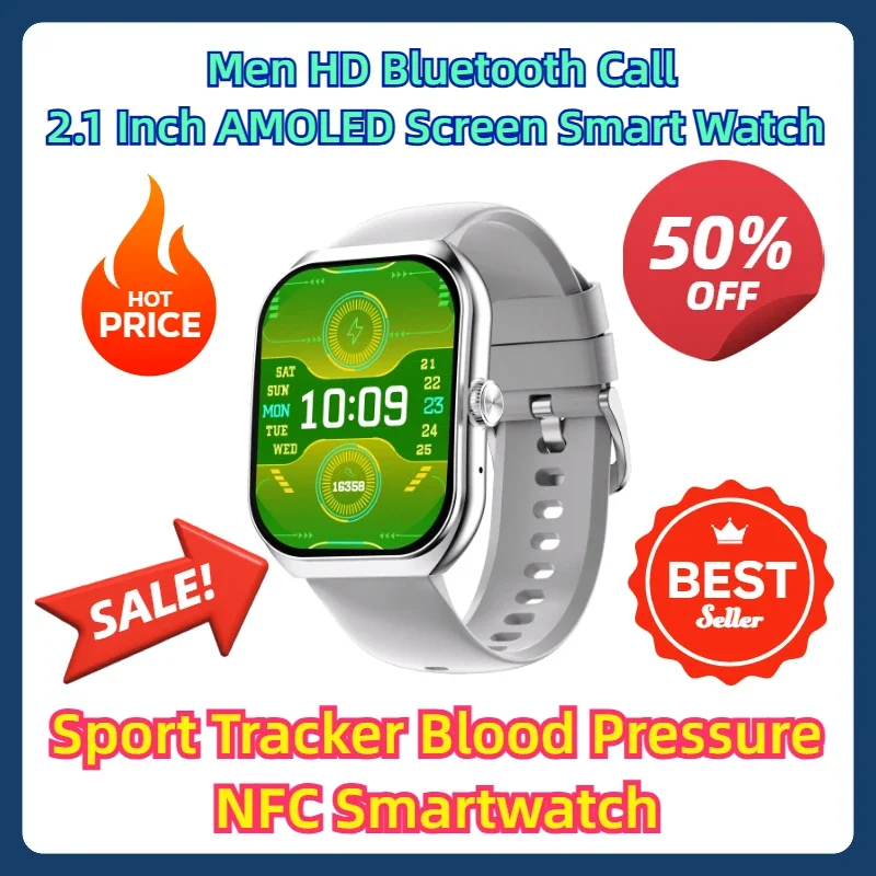 

Sport Tracker Blood Pressure NFC Smartwatch Men HD Bluetooth Call 2.1 Inch AMOLED Screen Smart Watch