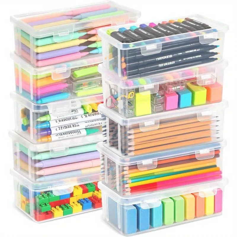 4pc Plastic Pencil Case with Lid, Storage Boxes Bulk Stackable Design, Durable Office Supplies Organizer for Crayon Pencil Craft