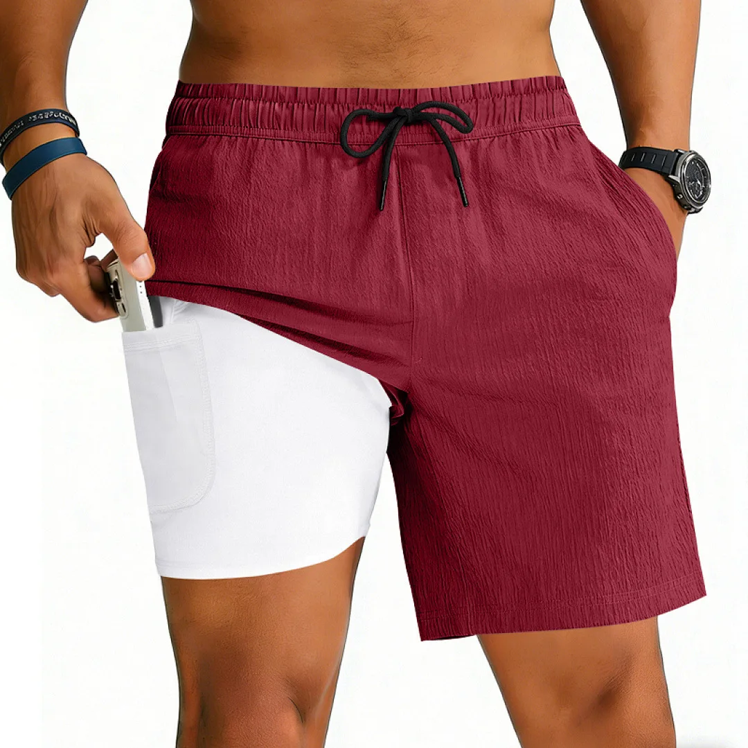 Cross-border GYM men's summer quick-drying sports jogging fake two-piece double-layer fitness function casual drawstring shorts