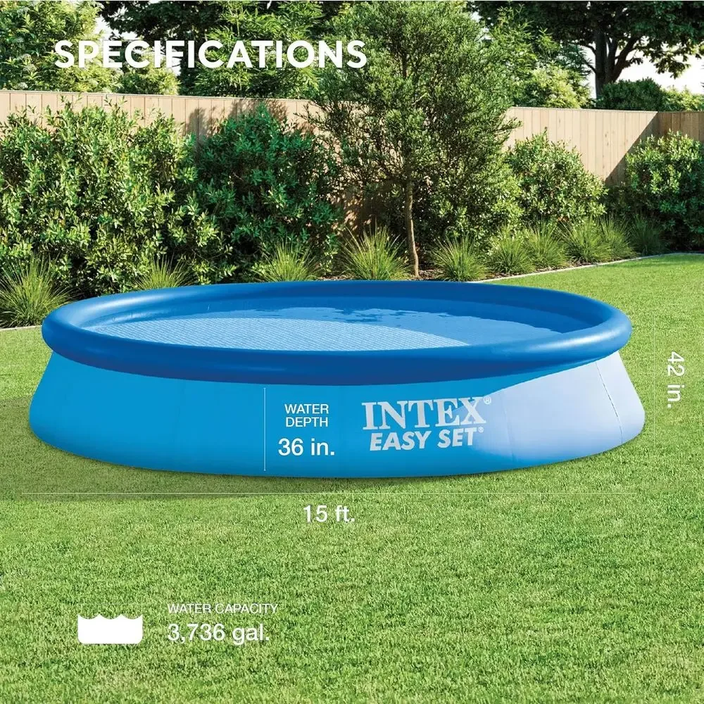 15' Round Above Ground Swimming Pool with Cover, Ladder, and Filter Pump, Blue