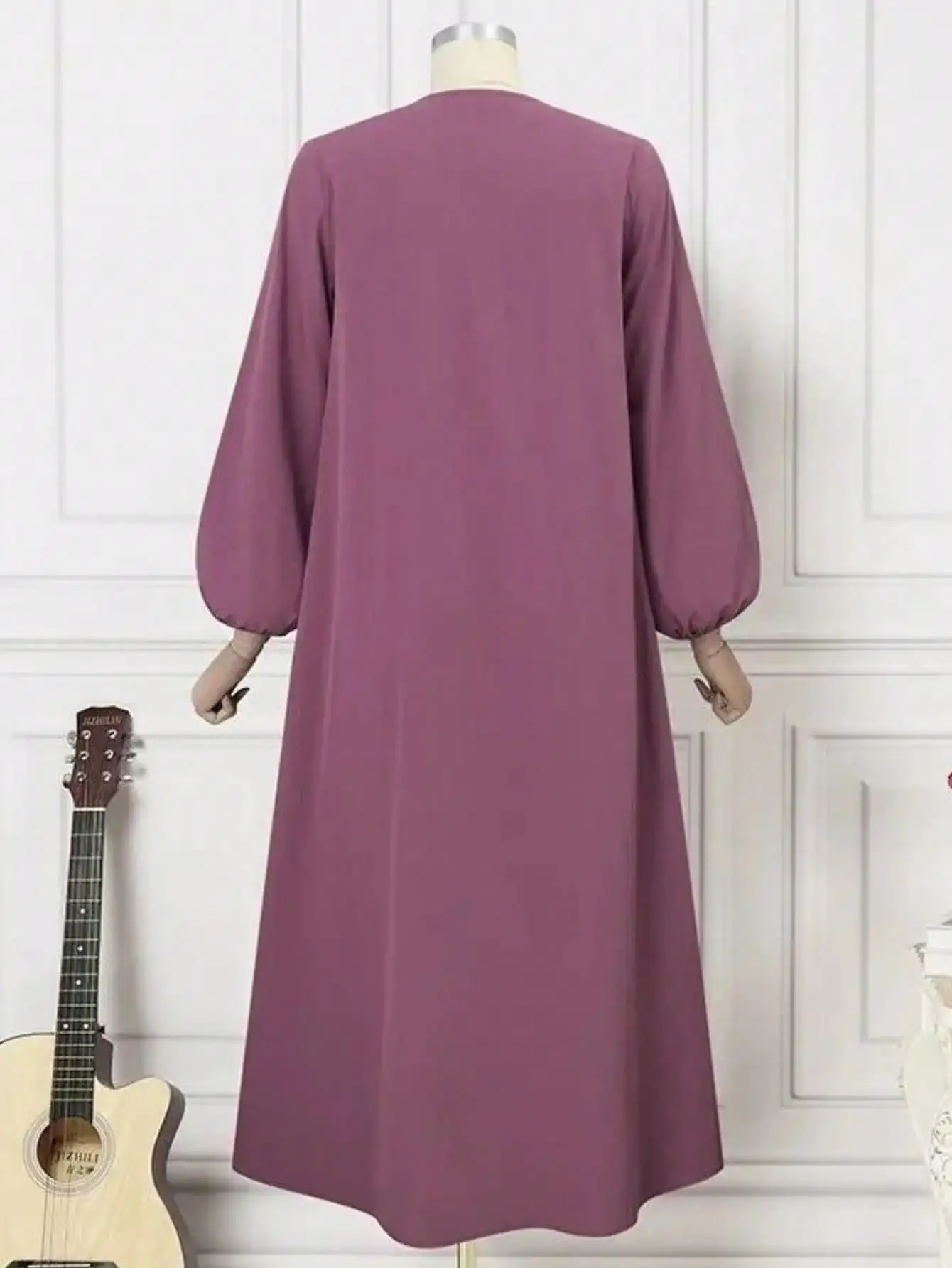 Women Muslim Maxi Dress Fashion Casual Long Sleeve Robe Round Neck Solid Color Casual Dress Robe Dubai Clothing