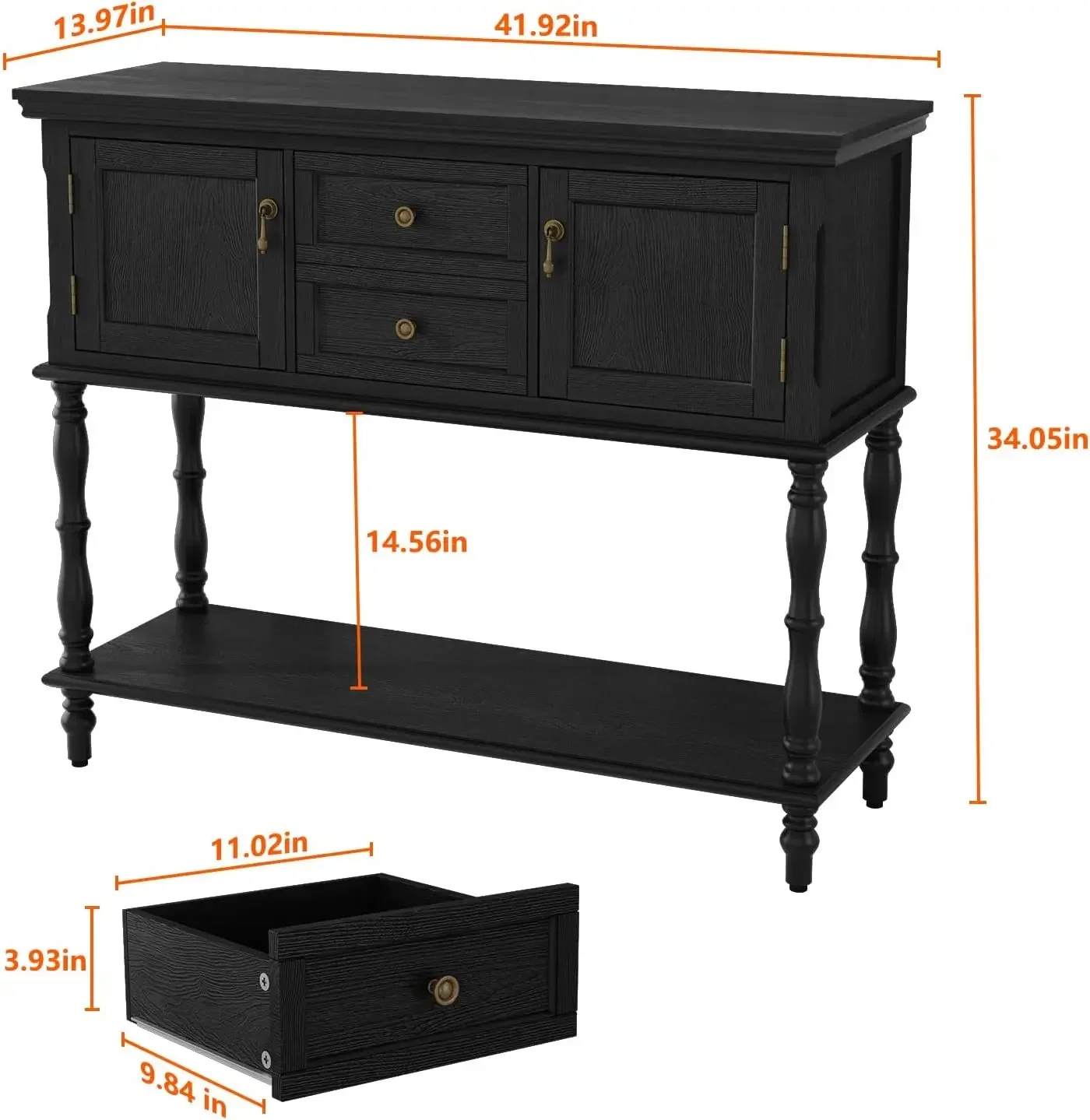 Console Table with 2 Drawers, Retro Entryway Table with 2 Door Cabinets and Open Storage Shelf, Narrow Long Behind Couch