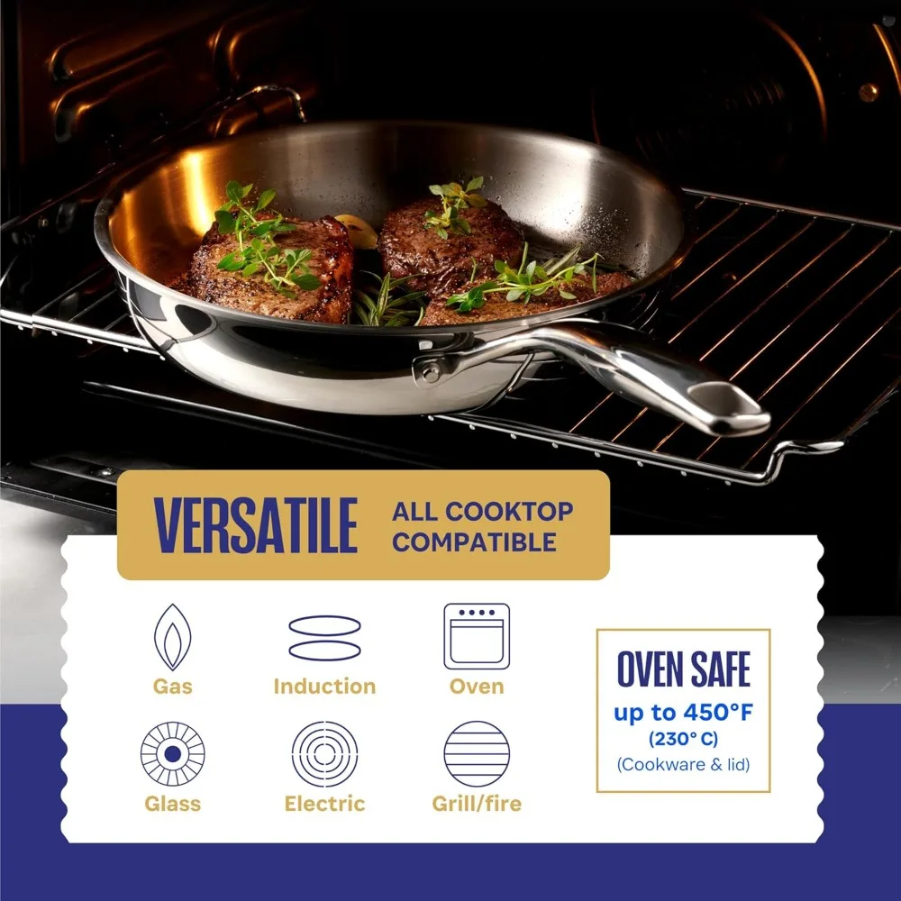 Set Peralatan Masak Stainless Steel |   5 Lapis, 14 Bagian, Induksi, Tidak Beracun, Aman untuk Oven |   Berpakaian Penuh 18/8 Terbaik