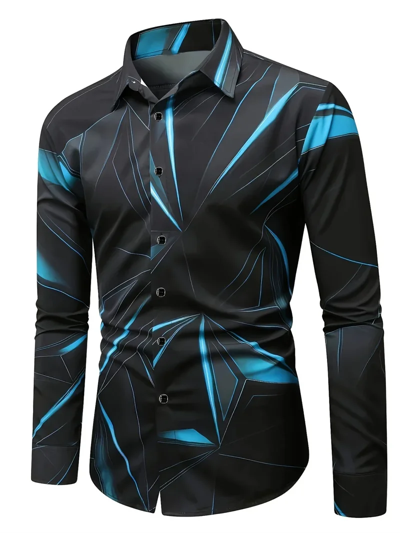 Men's Plaid Striped 3D Printed Long-sleeved Lapel Formal Shirt Simple Business Casual Office Party High-end Clothing Men's Top