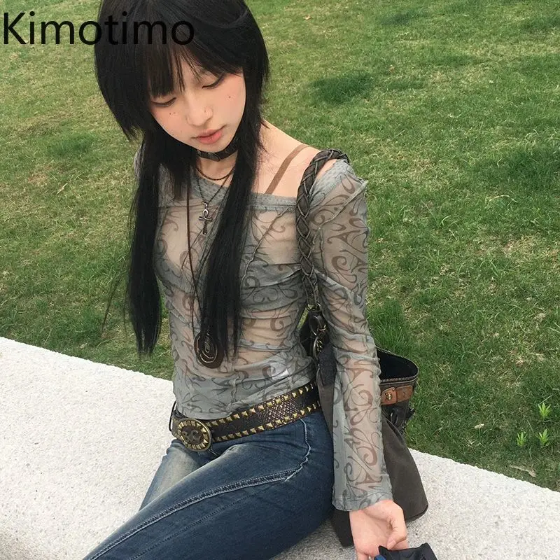 

Kimotimo Y2k Эстетические сетчатые футболки с открытыми плечами и принтом, женские сексуальные облегающие футболки с длинными рукавами, укороченный топ, уличная одежда, пикантные футболки для девочек