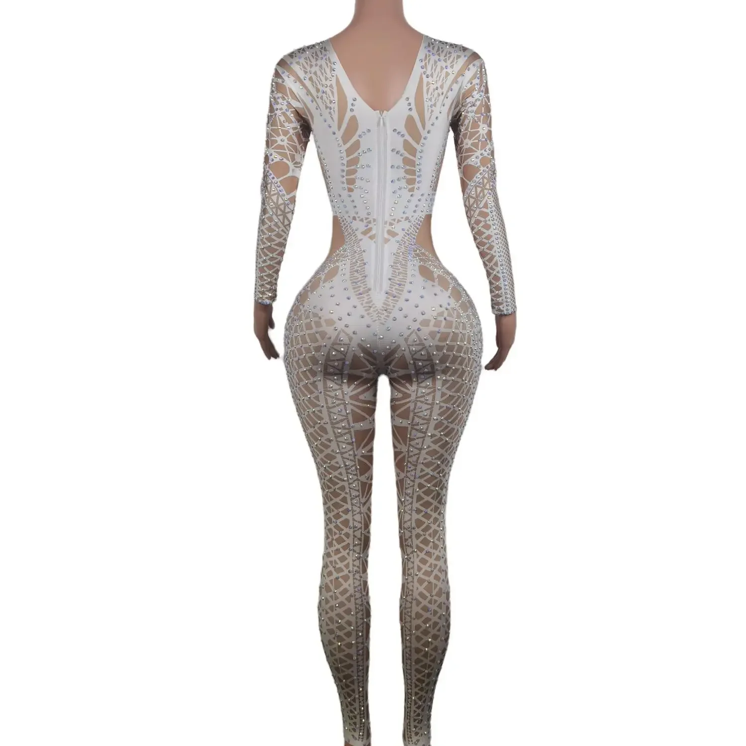 Sexy White Glitter Jumpsuit Women Rhinestone Costume Fashion Lady One Piece Nightclub Party Wear Dance Singer Stage Show Outfit