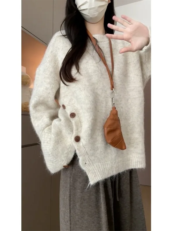 レディース ルーズ ニット セーター カジュアル 初秋の服装 屋内外で着用可能 長袖 ラウンドネック トップ 快適なフィット感