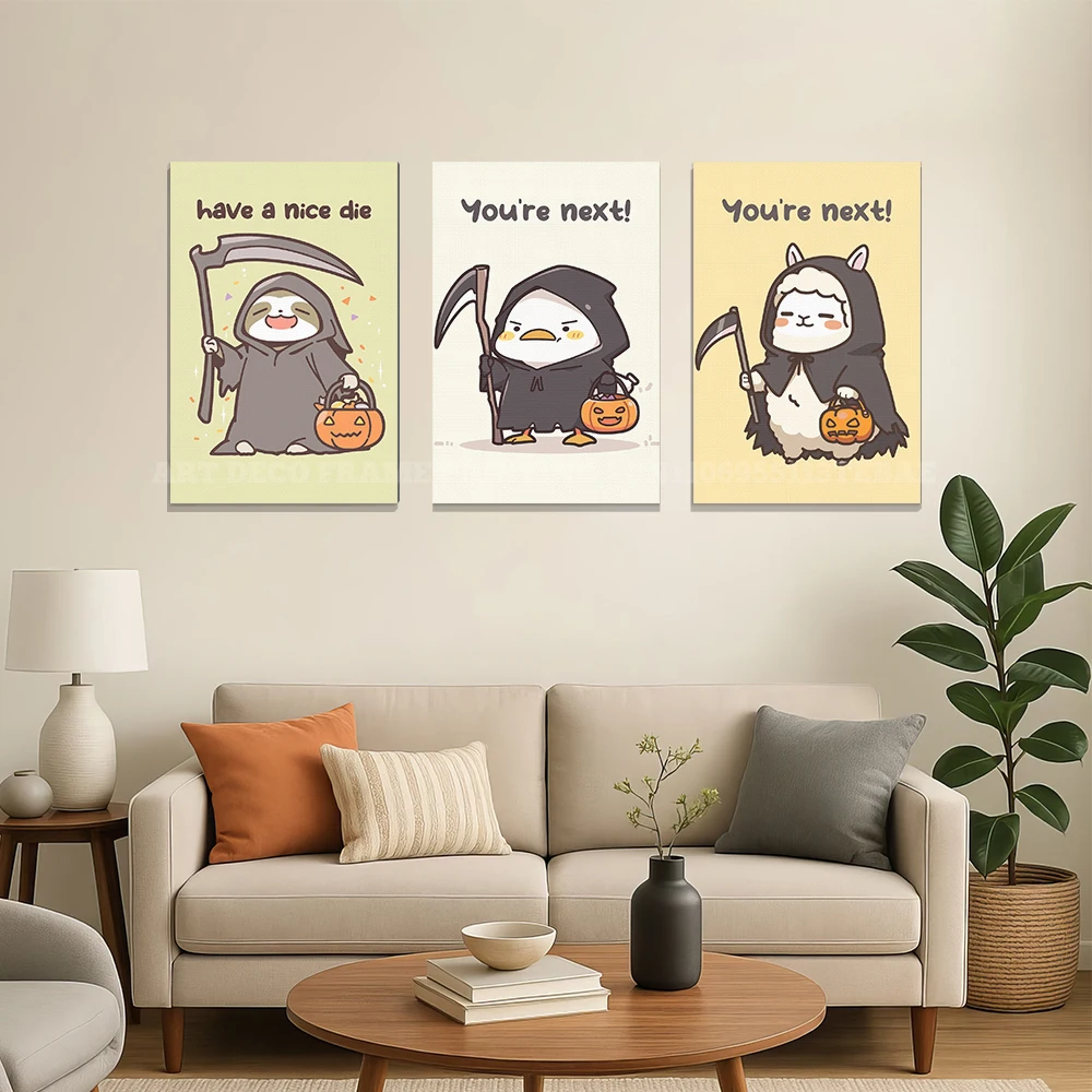 Cute Halloween Grim Reaper Animal Unframed Canvas Print, Cartoon Pumpkin Creature Poster, Funny Seasonal Wall Art for Room Decor