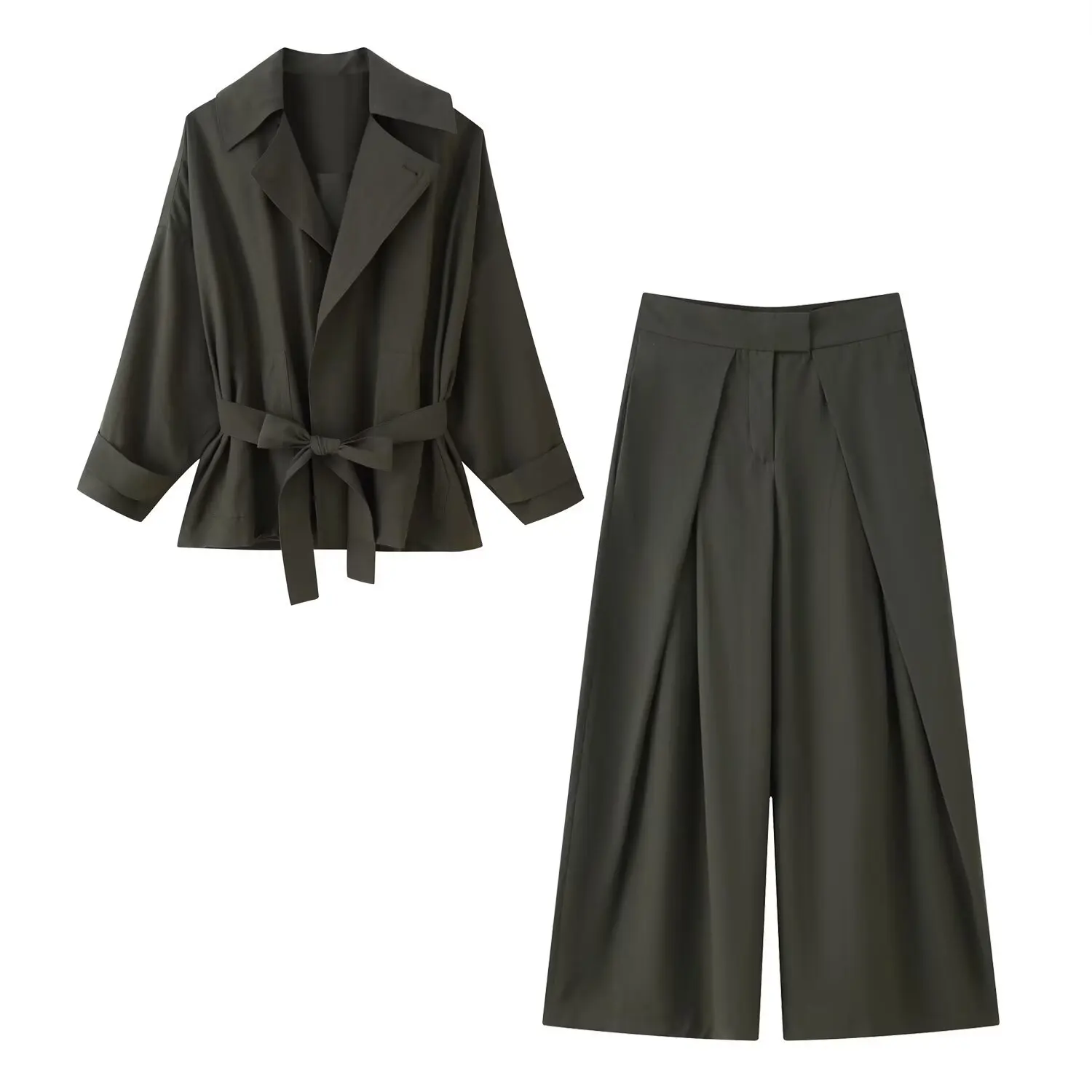 

Европейская и американская женская одежда, раннеосенний костюм 2025 года с поясом, струящаяся куртка, плиссированные брюки спереди