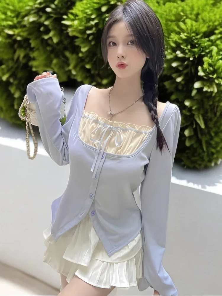 Deeptown Y2k Coquette Sexy Kawaii Maid T Shirt Women Sweet Girls Lace Long Sleeve Korean Style Kpop Slim Tees Tops 2024 Spring