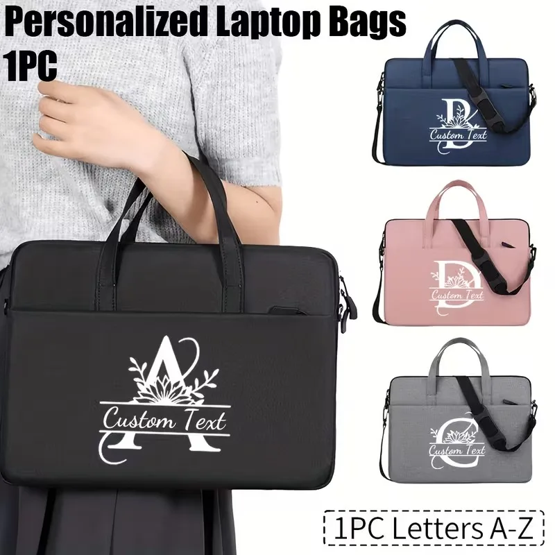 Custom Name/Text Laptop Bag, Logo & Floral Lettering, Lightweight Messenger Briefcase with Adjustable Strap, Zipper Closure