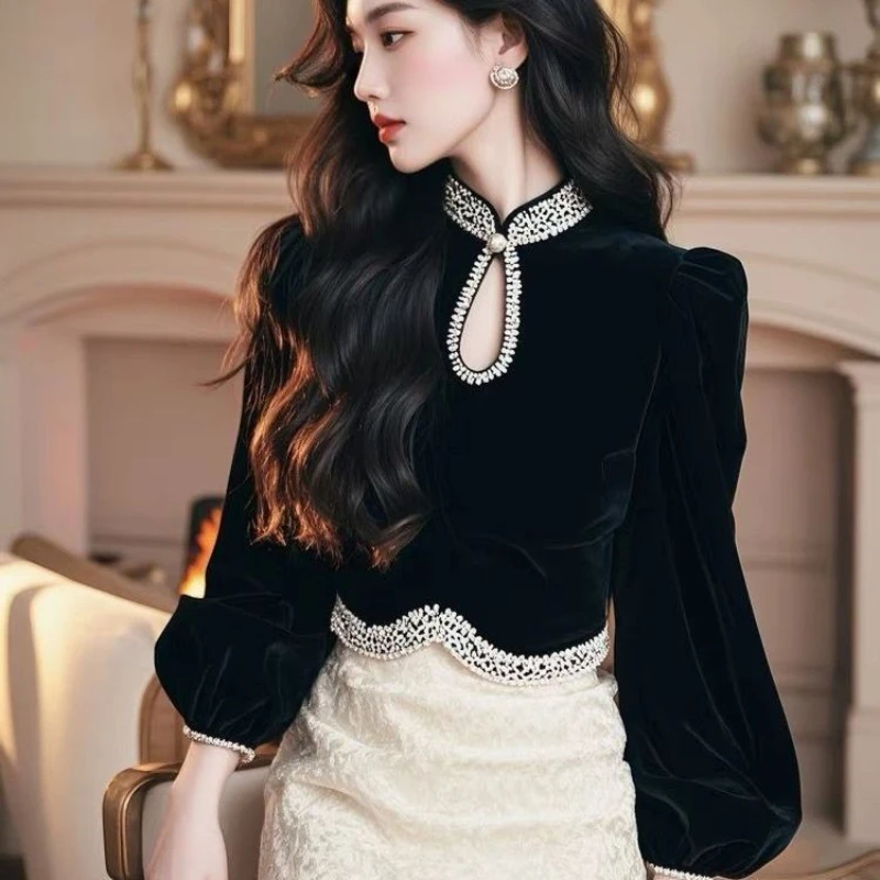 

French Style Women Designer Patchwork Cheongsam Lantern Sleeve Black Velvet Irregular Tops Shirt , Woman Velour Tops Shrits