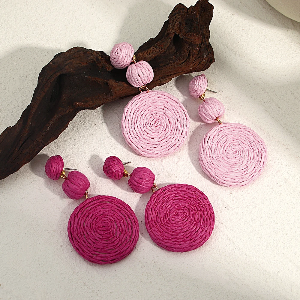 Boho Yellow Raffia Round Drop Earrings for Women