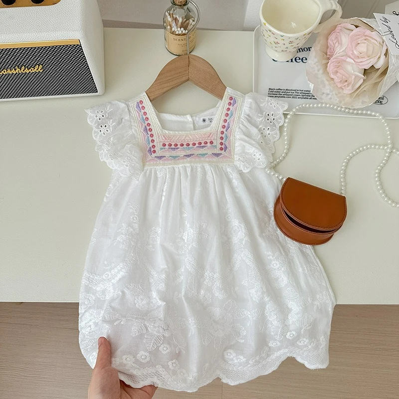 Summer Children's Dress Baby Girl Embroidered Lace Dress Children's Short Sleeved Lotus Leaf Edge Countryside Princess Dress
