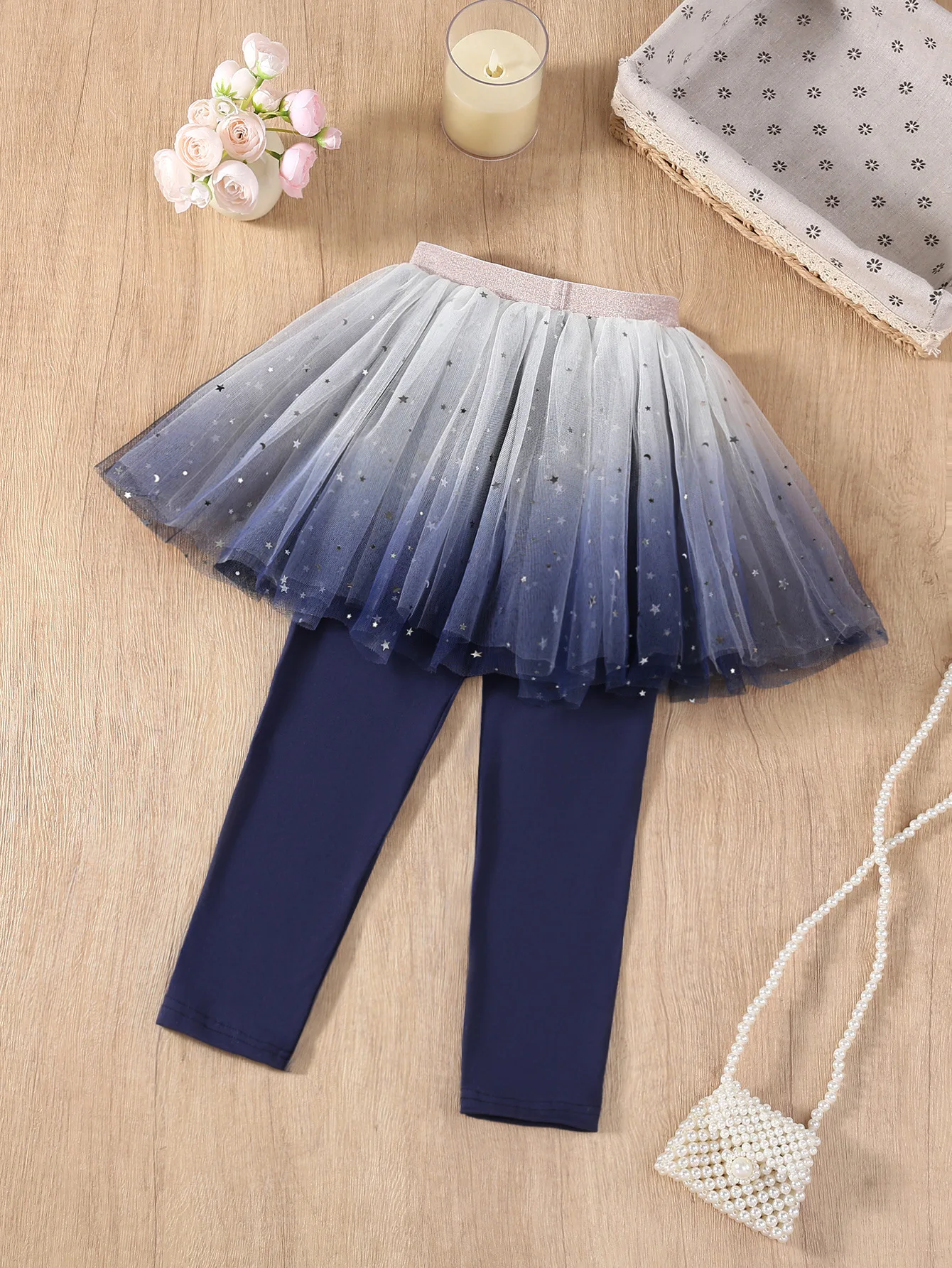 Girl Princess Style 2in1 Tulle Skirt Leggings with Star Sequins Cute Whimsical Dressy Pants Outfit 100-140cm