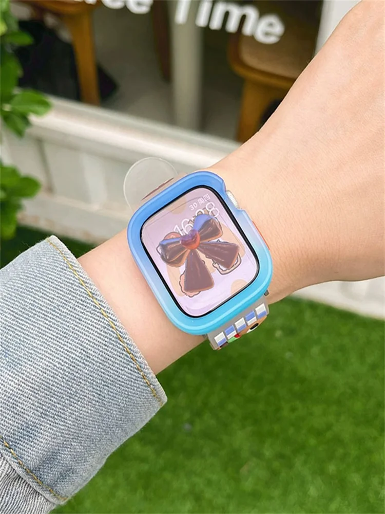 Cartoon Cute Funny Strap+Case For Apple Watch Band Ultra2 49mm 45mm 44 41 Correa Clear Silicone Band For Iwatch Series 9 8 SE 7