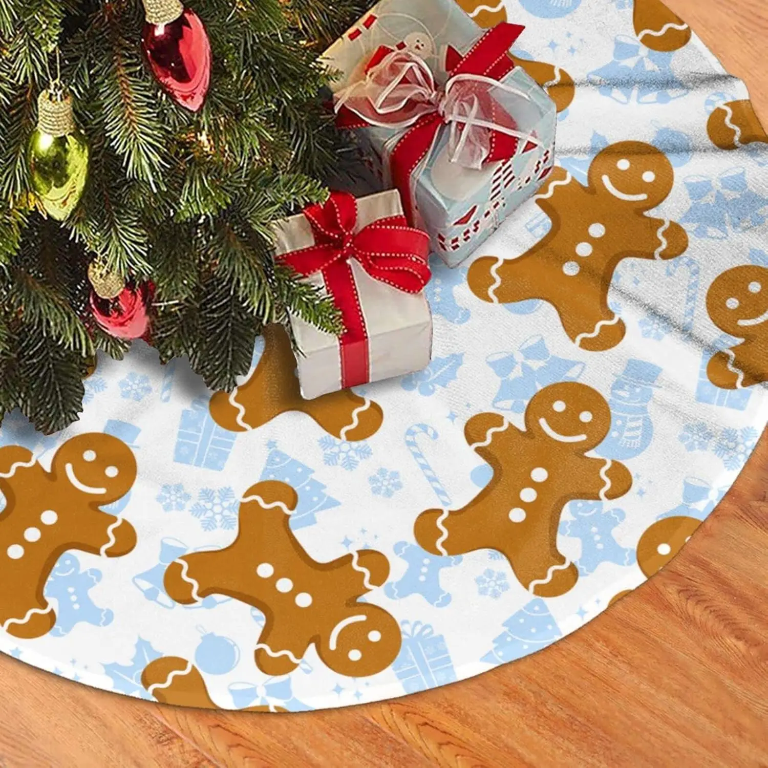 Tree Skirt Gingerbread Men and Christmas Icons Christmas Tree mat for Holiday Party Decorations