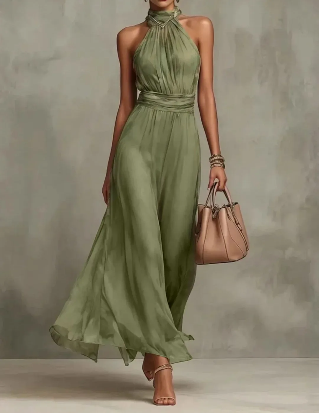 Vintage Maxikleid aus Chiffon mit Neckholder, ärmellos, rückenfrei, hoher Taille, Schlitz, fließend, mit floralem Aquarellmuster für Abend und Hochzeit – Detail 14