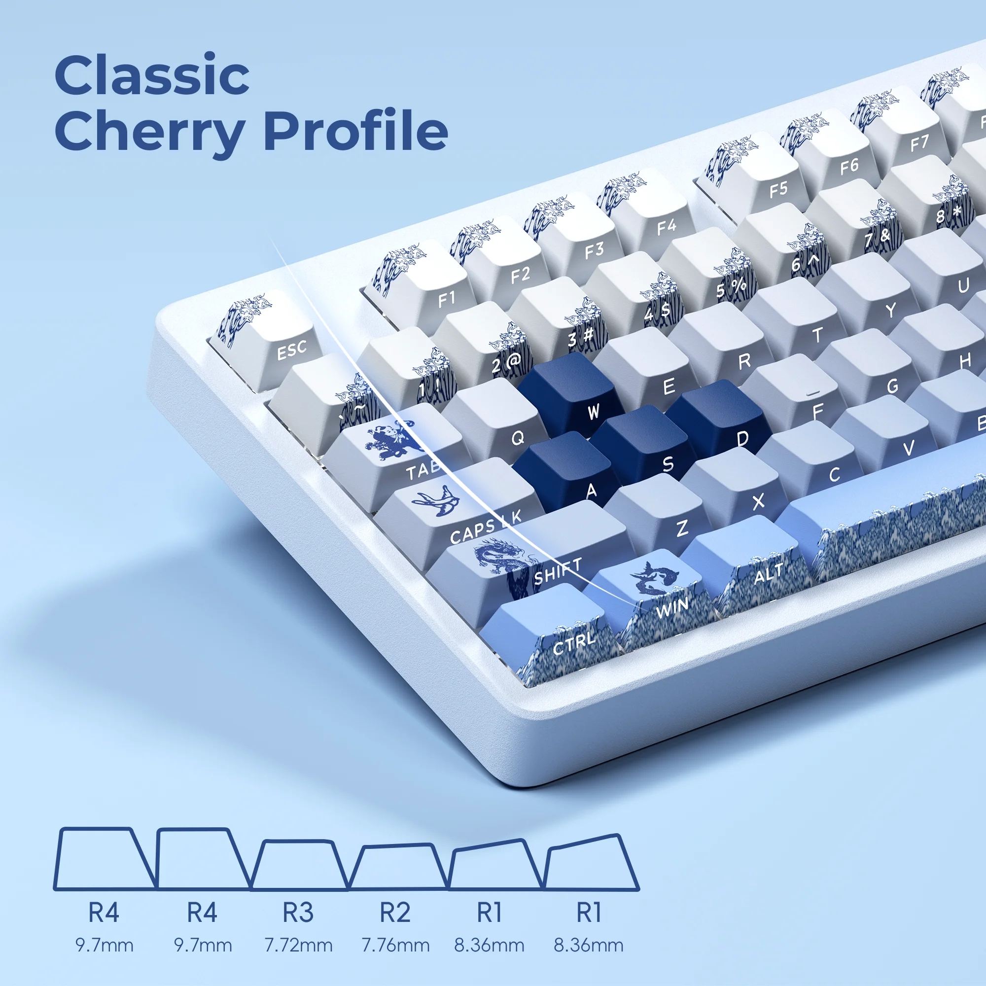 

XVX Shine Through Keycap White Blue Porcelain Theme Side Print PBT KeyCaps Cherry Profile Keyboard Keycap 135 Keys