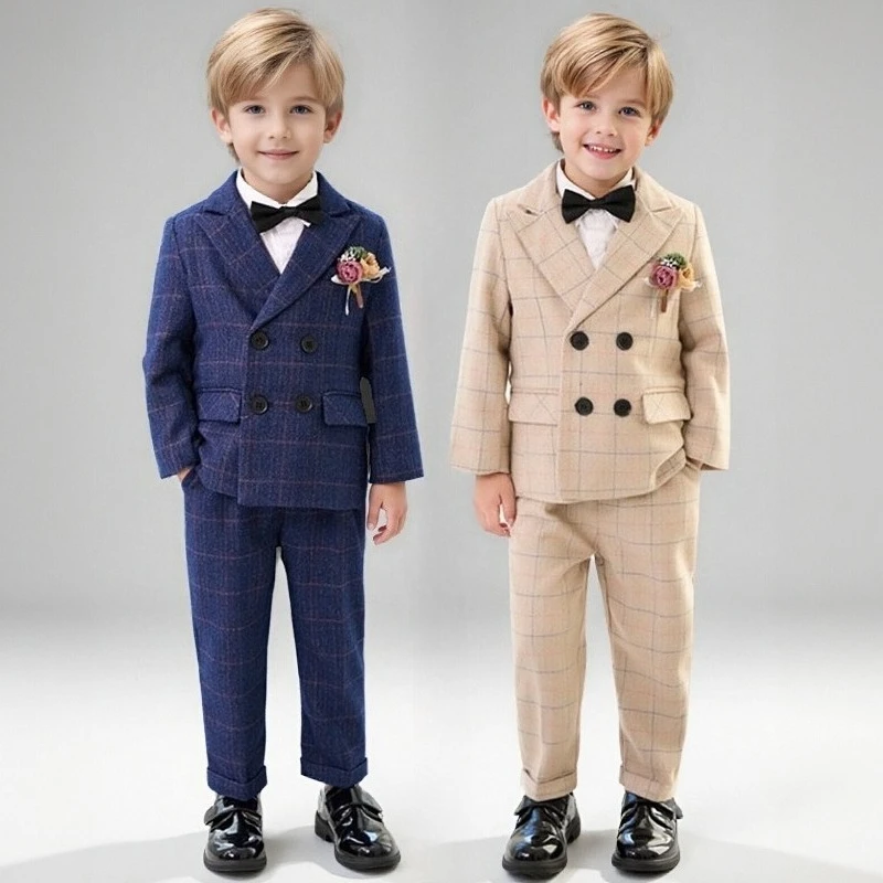 Boys Suit for Weddings Autumn Gentleman Plaid Birthday Blazer Set 2 To 12 Y Kids School Uniform Host Chorus Performance Costumes