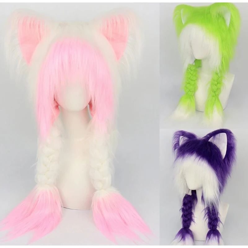 

Y2K Cat Ears Hat Kawaii Long Plush Fox Ear Double Braid Fashion Versatile Anime Fall and Winter Cap Halloween Dress Up Headwears