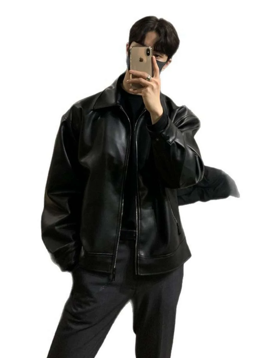 

Casual Loose Men's Leather Jaet Sli Faionable Biker Coat Autumn Winter Men's Outerwear Cleanfit No Fce for Youth A...