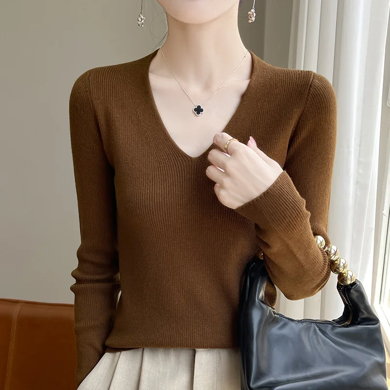 الربيع والخريف الخامس الرقبة الصوفى الصوف ضئيلة سترة السيدات رقيقة قاع قميص جديد طويل الأكمام لينة بلوزة جوكر متماسكة البلوفرات