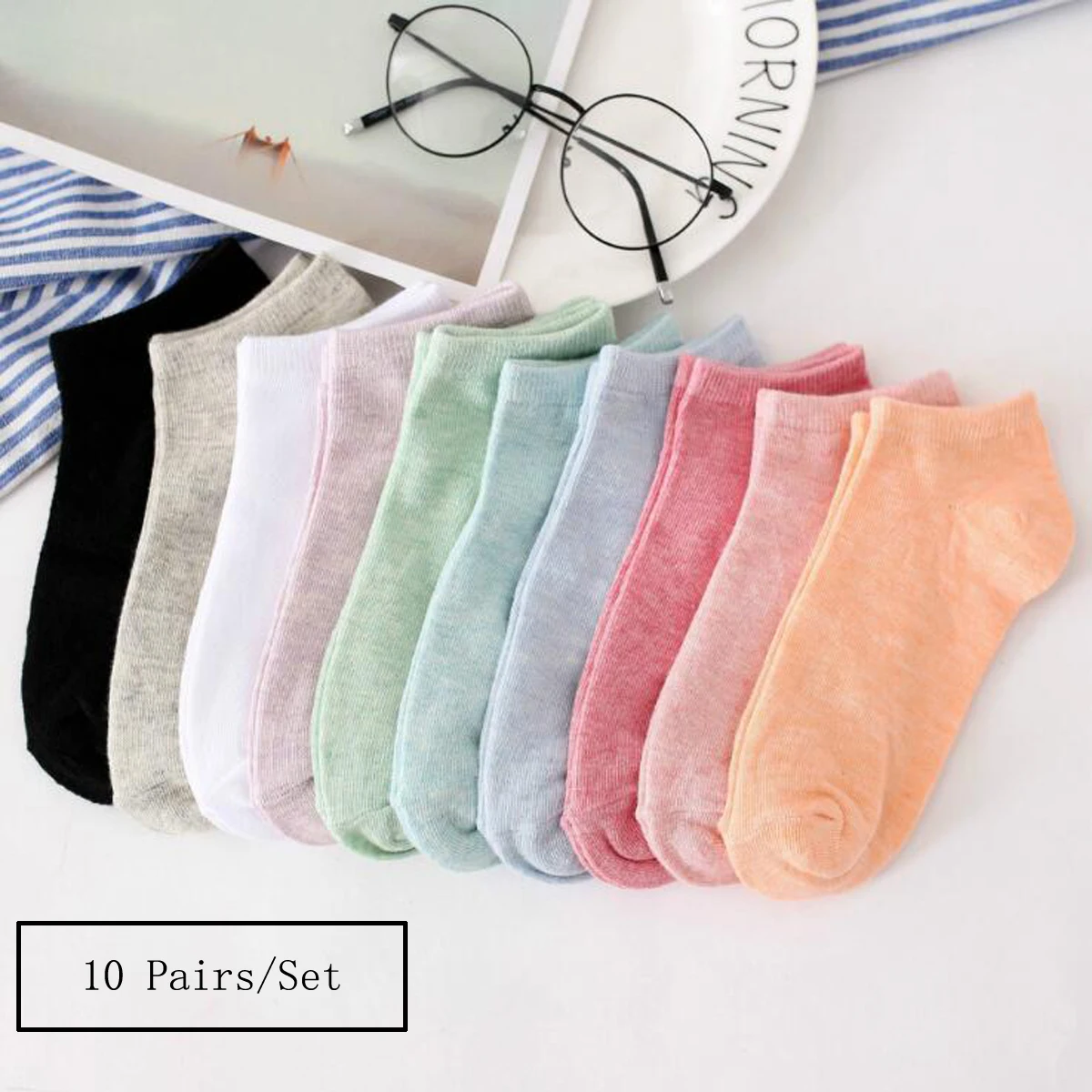 10 Pairs Candy Colored Cotton Women Short Socks Ankle Breathable Mesh Sports Socks Casual Summer Thin Socks Solid Color Socks