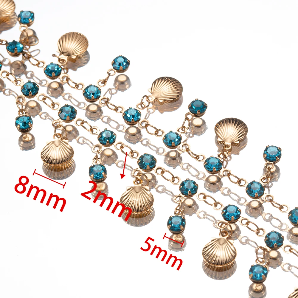 1Meter Blue Crystal Beaded Chains Shell Pendants Rhenistone Glass Charms Copper Chains for Necklace Earrings DIY Jewelry Making