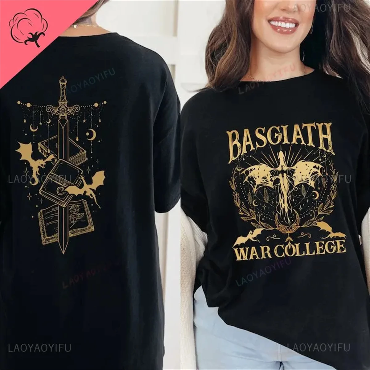 

Футболка из хлопка с двусторонним принтом Basgiath War College, дизайн «Четвертый Квадрант», для рейдеров четвертого крыла, с изображением дракона