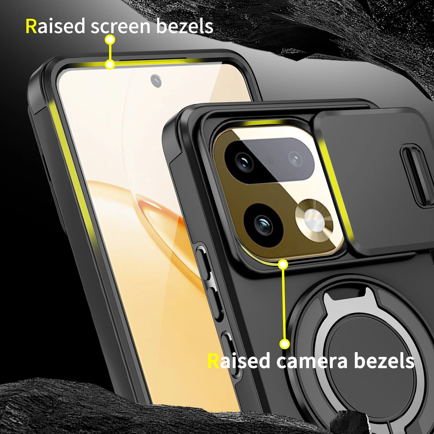 Magnetyczne etui z pierścieniem i podstawką do Realme 16 Pro Plus, z przesuwaną osłoną na obiektyw aparatu, ramka TPU, plastikowa, odporna na wstrząsy obudowa, fundas. — zdjęcie produktu 2