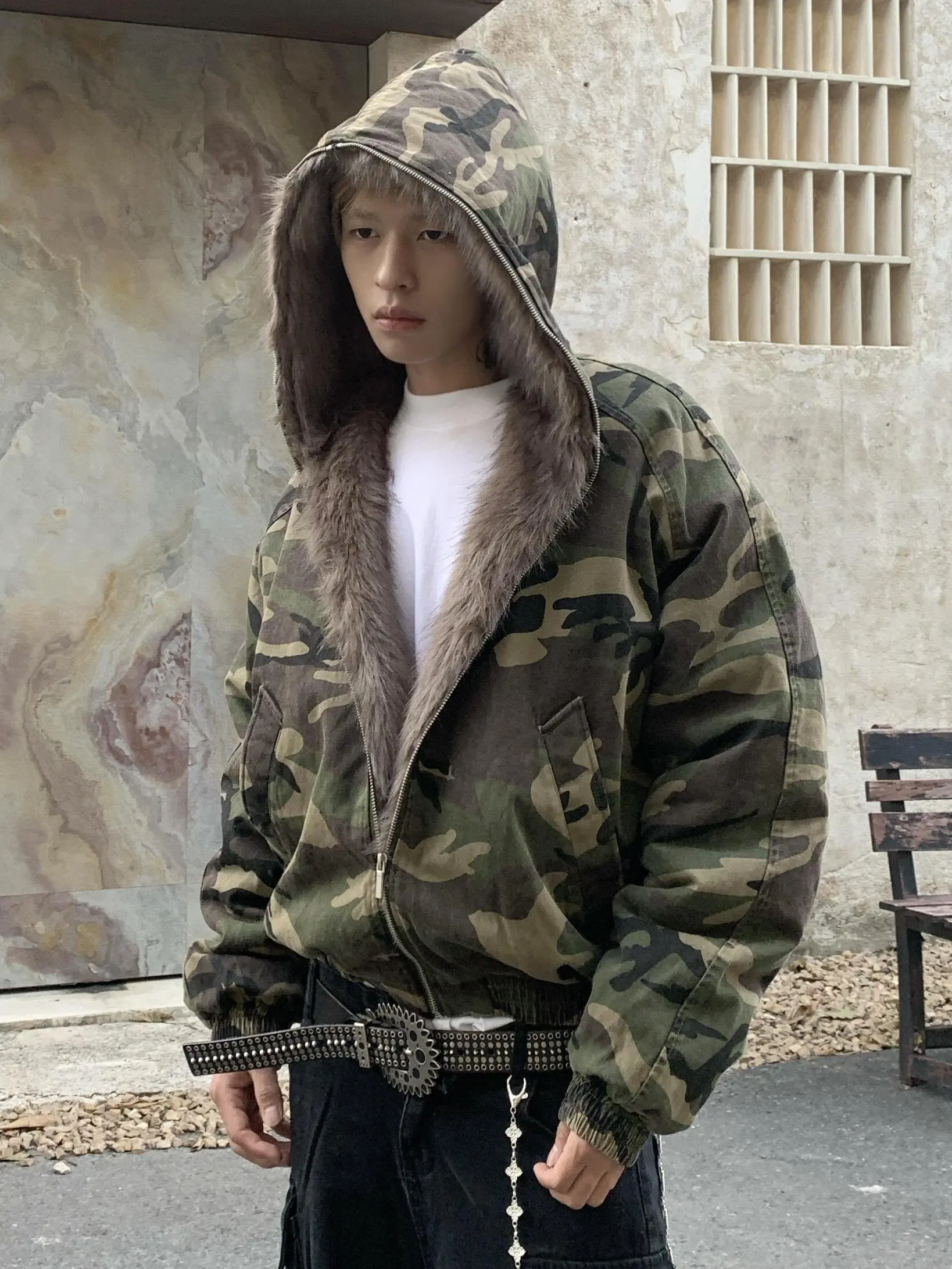 

Thiened Camouflage Jaet Men's Cleanfit Heavyweight Canvas Cotton Coat Hooded Jaet Outerwear Youth Trendy Long Sve