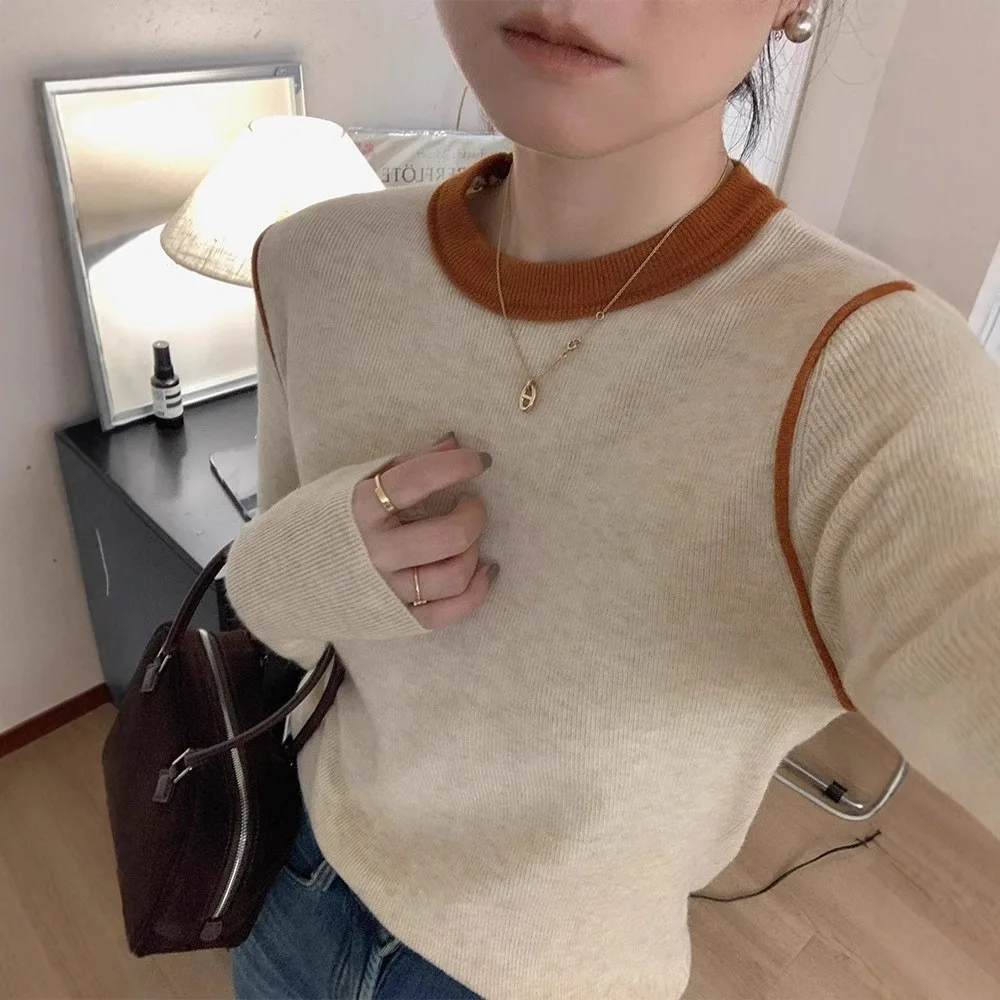 

Oatmeal Long Sleeve Knitted Sweaters for Women Elegant Casual Slim Jumpers Autumn Winter Fashion Patchwork O-neck Pullovers 2025