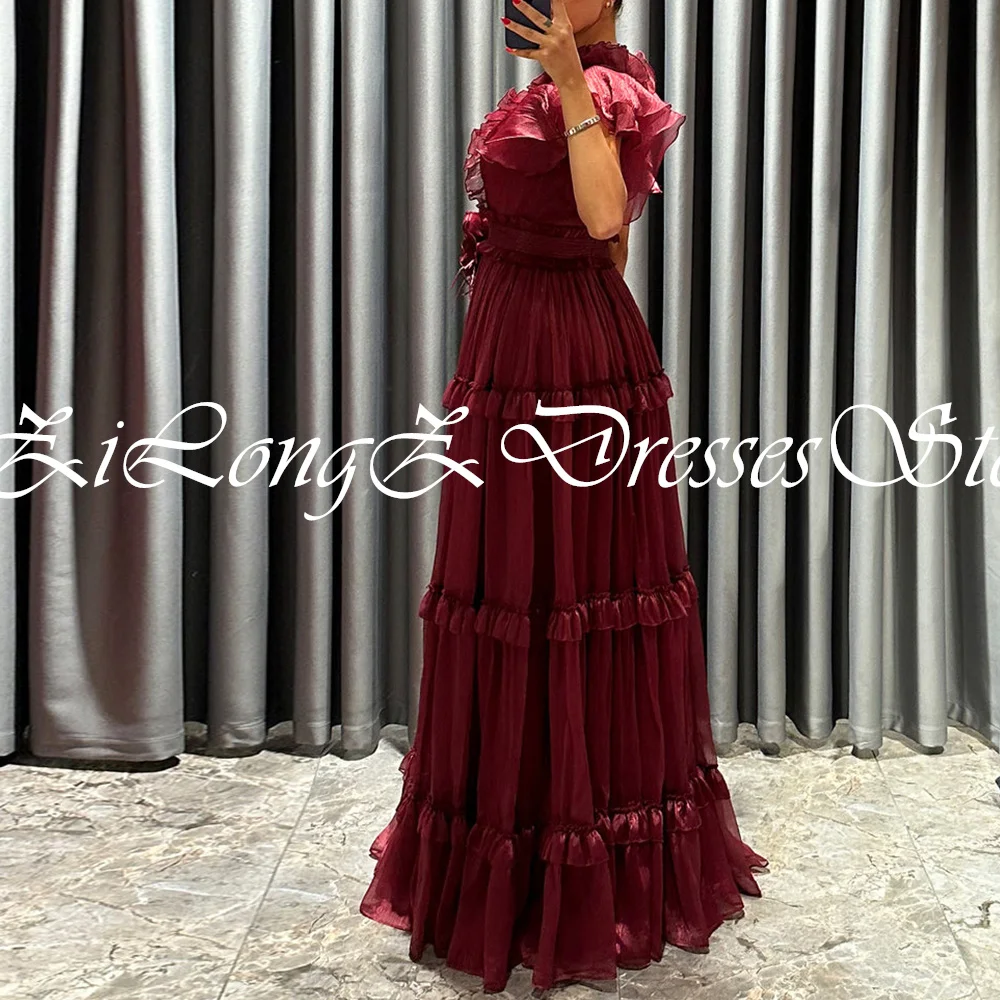 High Quality Elegant Party Evening Dresses Woman Cap Sleeve Sweep Train Floor Length 3D-Flowers Sashes Tiered Short Sleeve Pleat