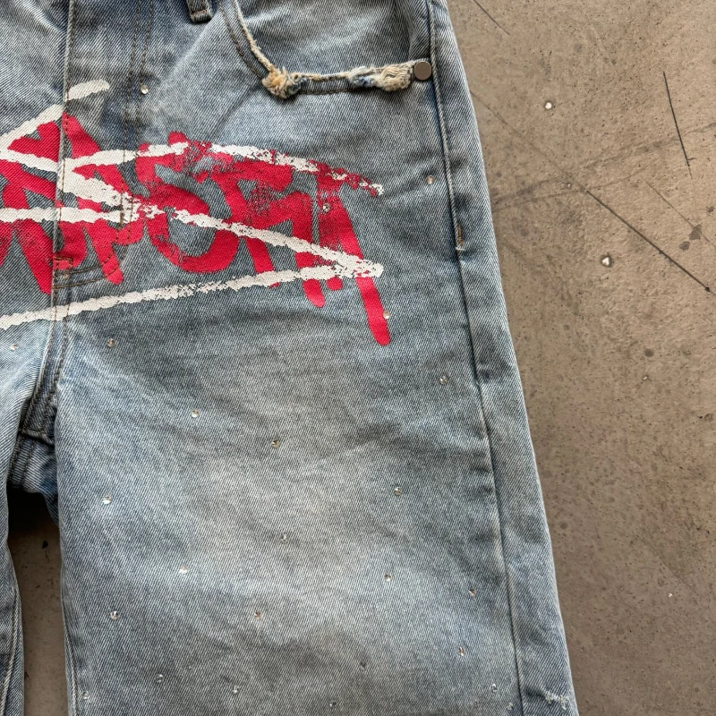 Y2K граффити Jorts Rhinestone потертые джинсовые шорты с принтом для мужчин и женщин тренд ретро хип-хоп уличная одежда унисекс мешковатые короткие брюки